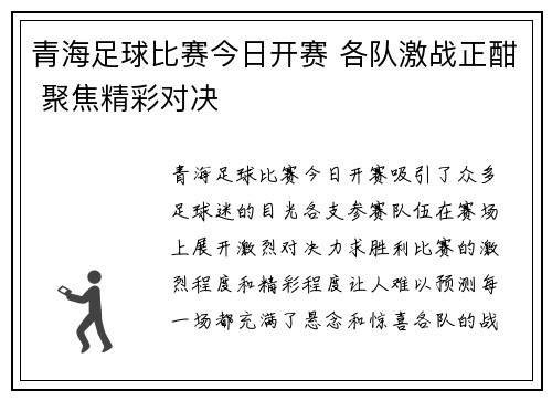 青海足球比赛今日开赛 各队激战正酣 聚焦精彩对决