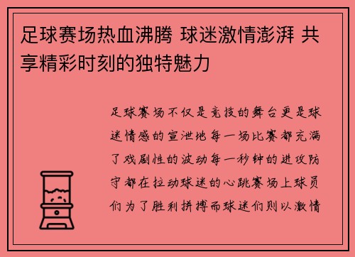 足球赛场热血沸腾 球迷激情澎湃 共享精彩时刻的独特魅力