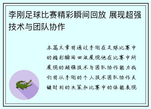李刚足球比赛精彩瞬间回放 展现超强技术与团队协作