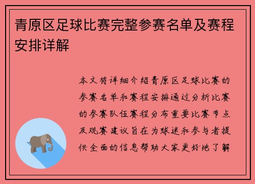 青原区足球比赛完整参赛名单及赛程安排详解