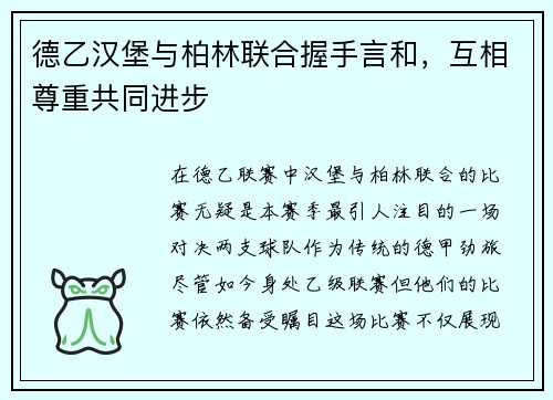 德乙汉堡与柏林联合握手言和，互相尊重共同进步