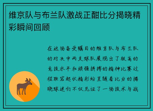 维京队与布兰队激战正酣比分揭晓精彩瞬间回顾