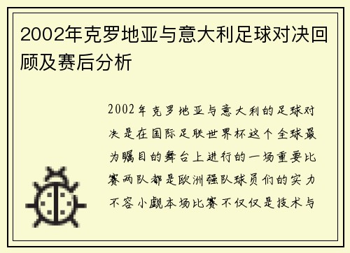 2002年克罗地亚与意大利足球对决回顾及赛后分析