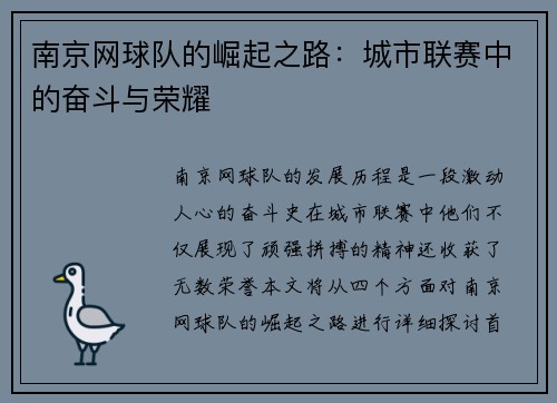 南京网球队的崛起之路：城市联赛中的奋斗与荣耀