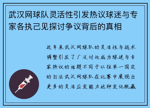 武汉网球队灵活性引发热议球迷与专家各执己见探讨争议背后的真相