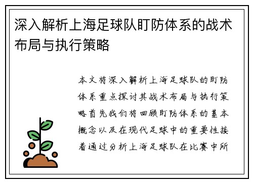 深入解析上海足球队盯防体系的战术布局与执行策略