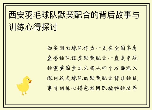西安羽毛球队默契配合的背后故事与训练心得探讨