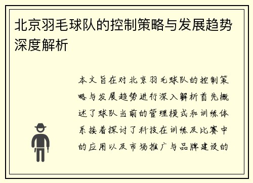 北京羽毛球队的控制策略与发展趋势深度解析