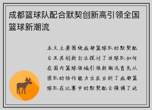成都篮球队配合默契创新高引领全国篮球新潮流